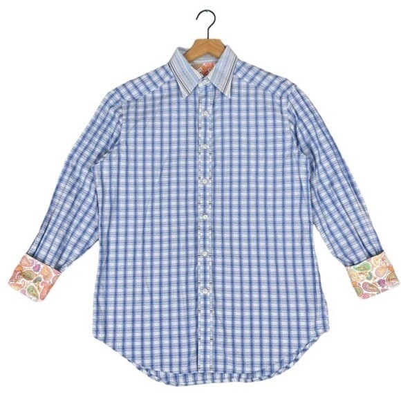 Robert Graham Other - Robert Graham Paisley Flip Cuff Shirt Mens Medium Blue Gingham Button Up